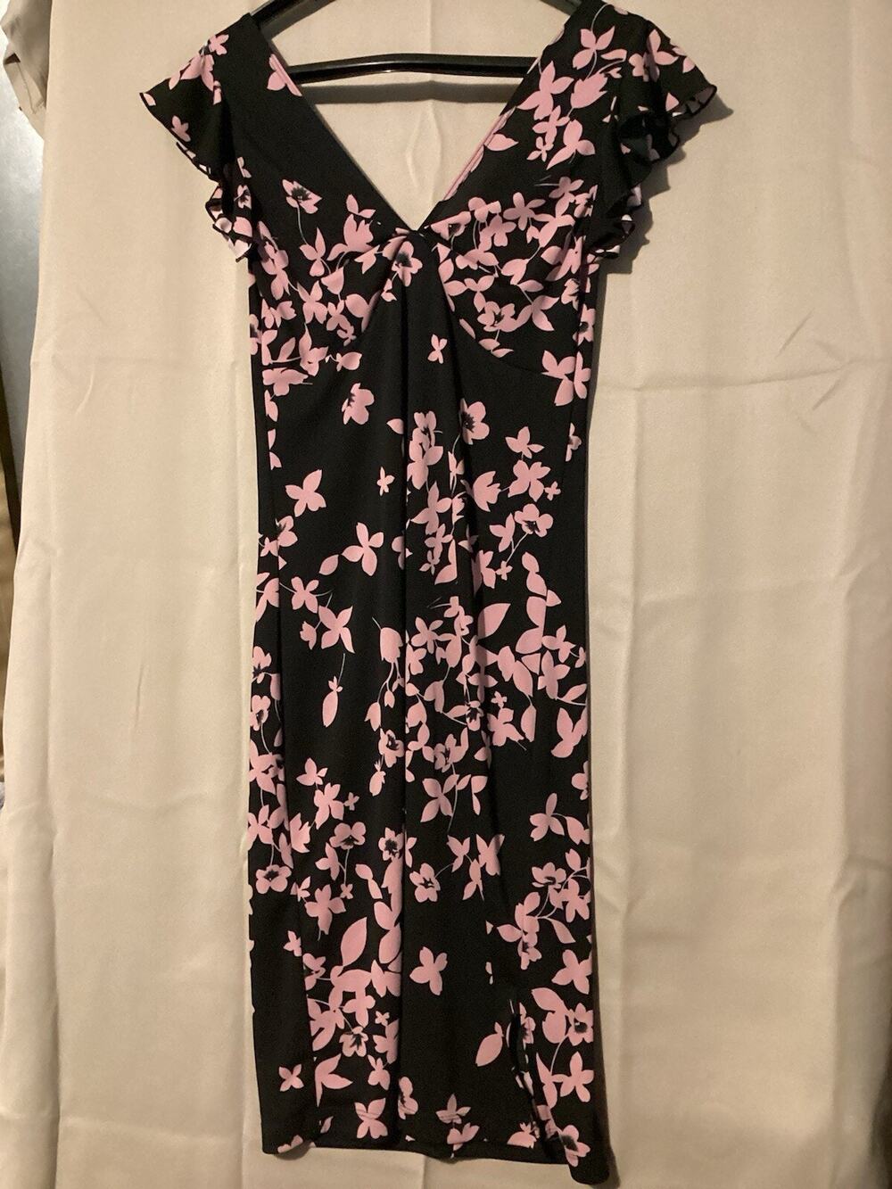 My Michelle Dress SZ M Y2K Floral Butterfly V Neck Flutter Sleeves 90s Black